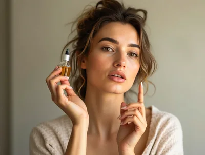 Young Woman Holding A Small Bottle Of Facial Serum