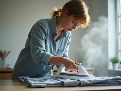 Young Woman Ironing A Blue Shirt At Home