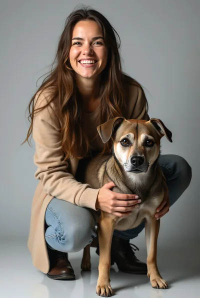 Smiling Woman Crouching With Her Pet Dog
