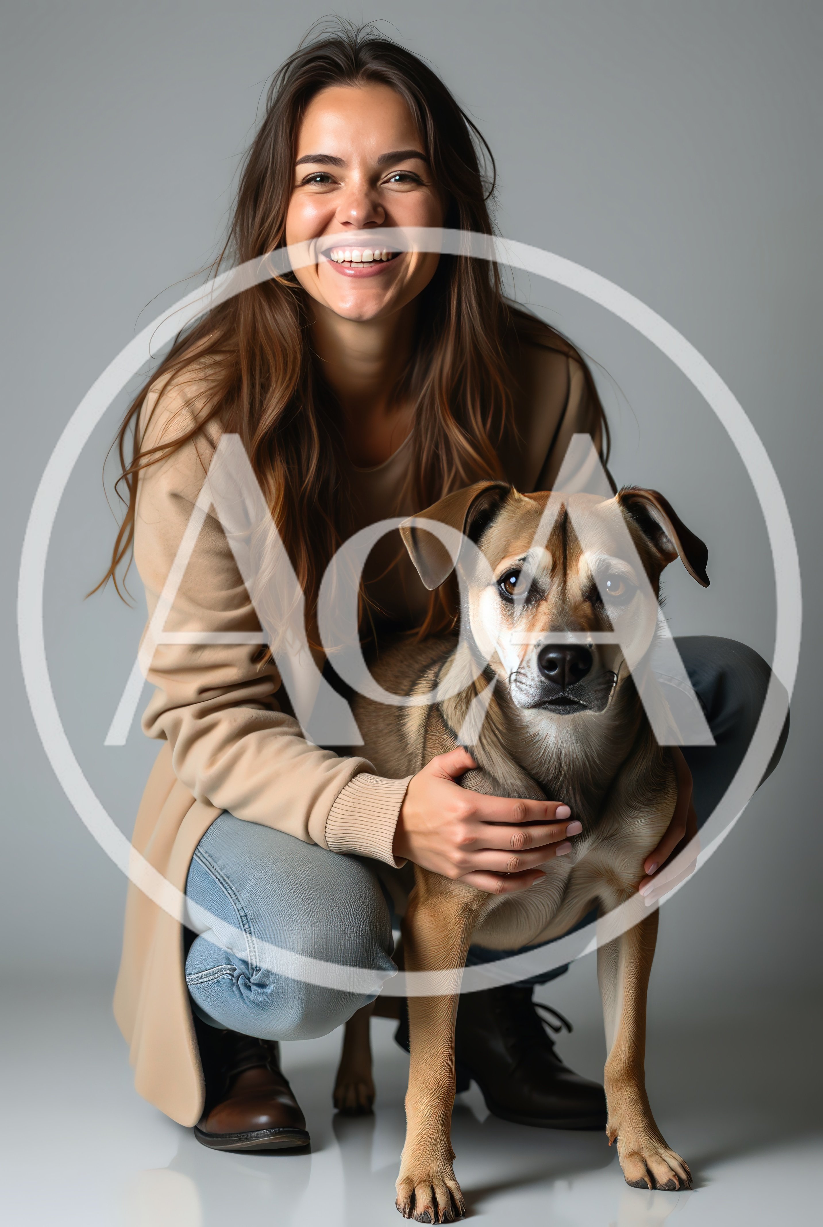 Smiling Woman Crouching With Her Pet Dog