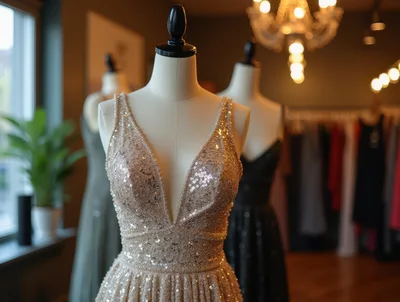 Mannequins Displaying Elegant Evening Gowns In Boutique