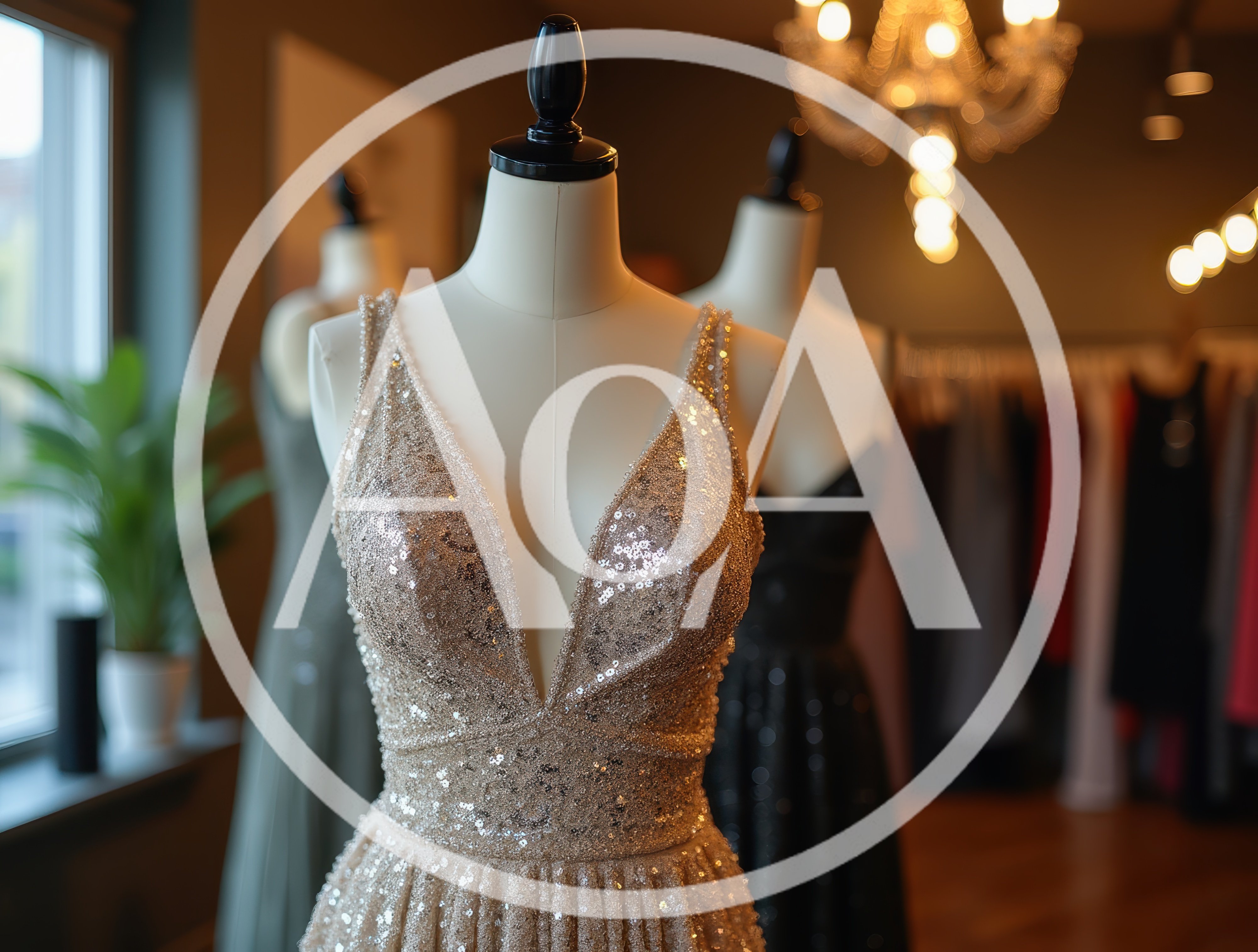 Mannequins Displaying Elegant Evening Gowns In Boutique