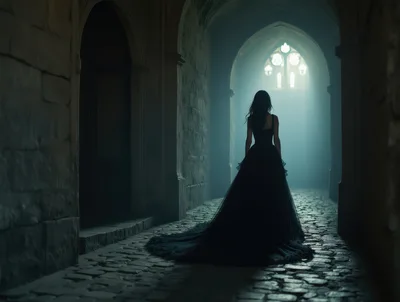 Woman In Black Gown Walking Through Gothic Stone Hallway