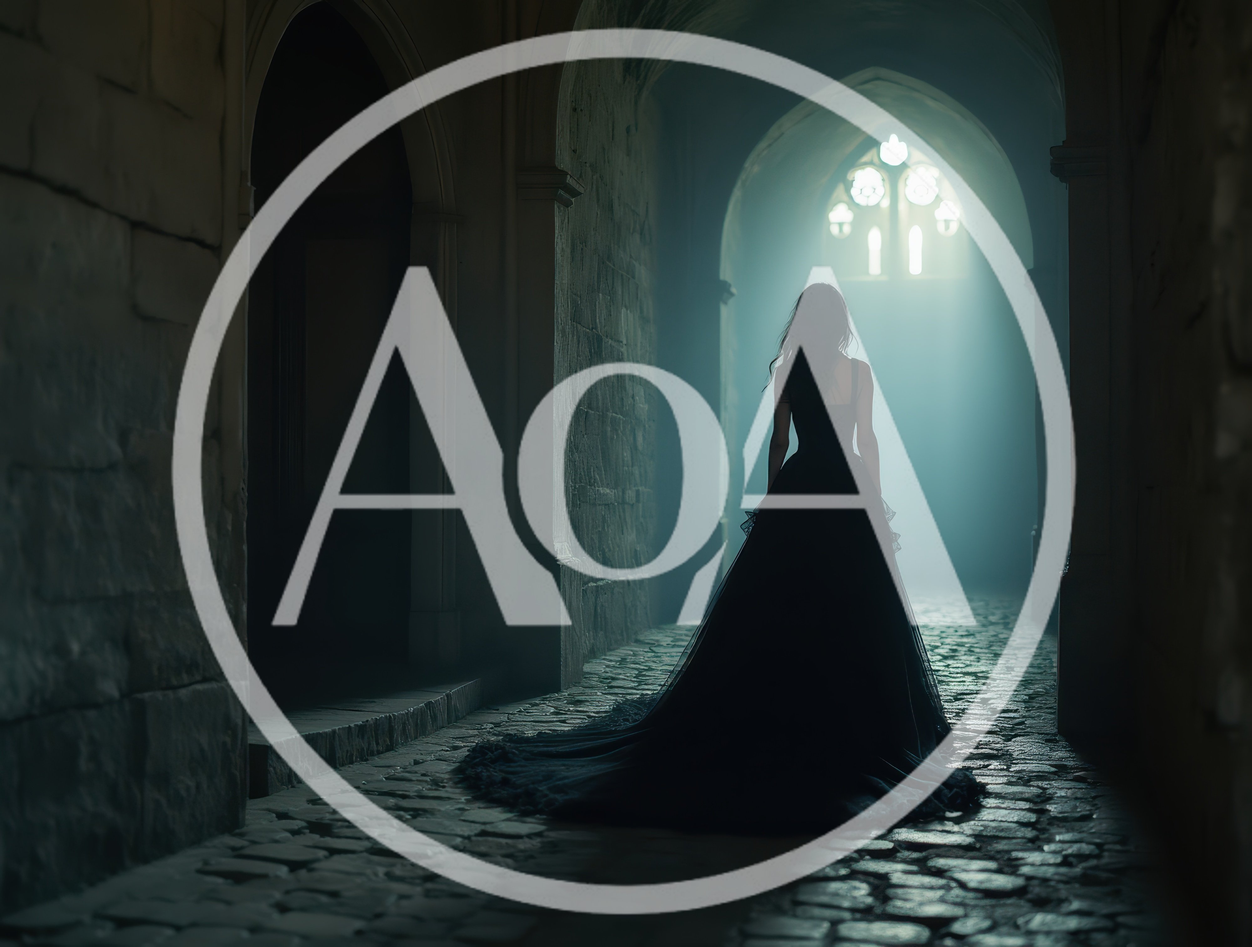 Woman In Black Gown Walking Through Gothic Stone Hallway