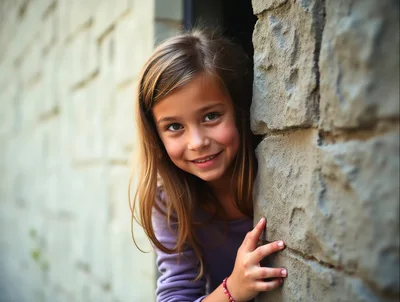 Young Girl Peeking Around A Stone Wall