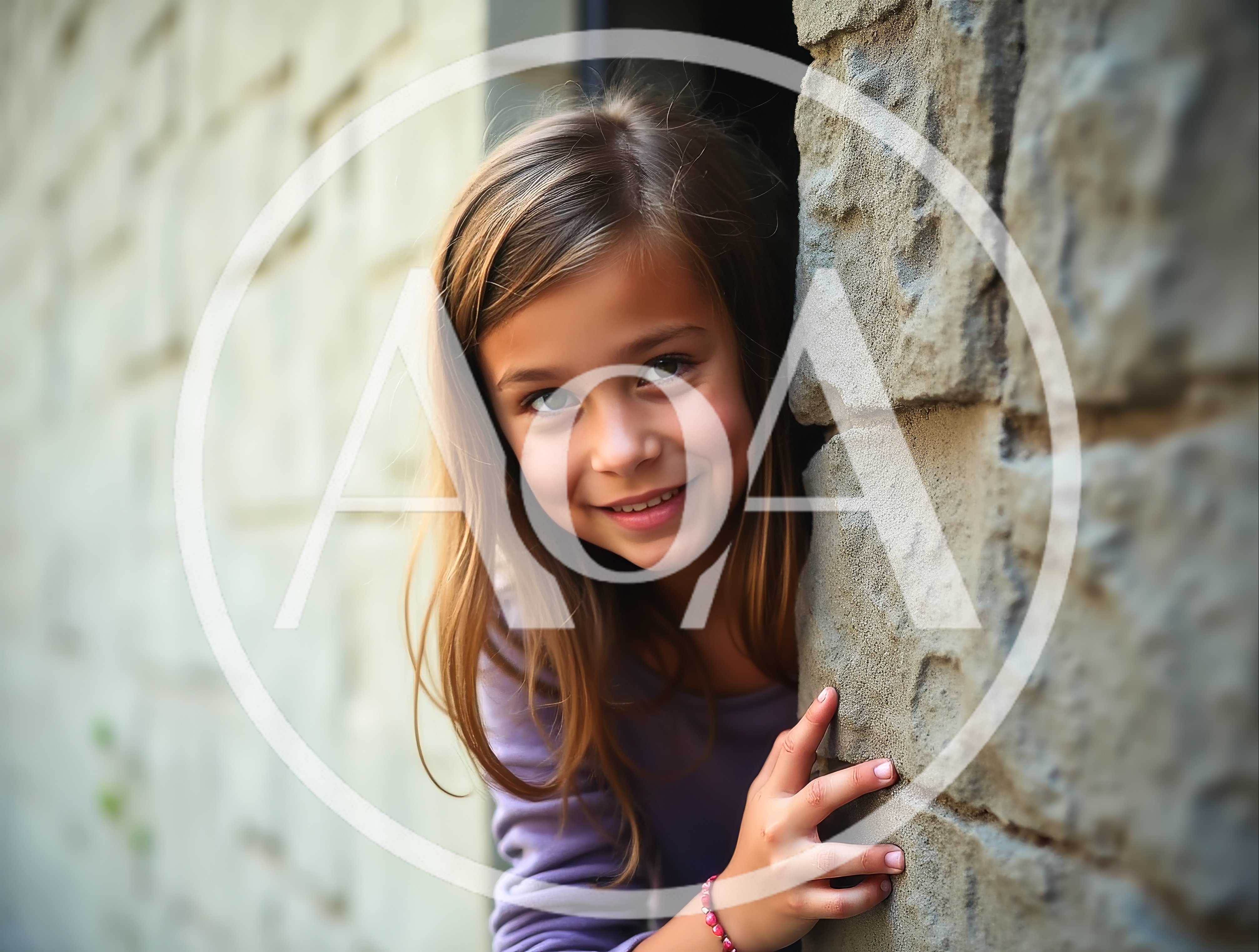 Young Girl Peeking Around A Stone Wall