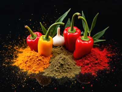 Fresh Peppers and Spices on Black Background