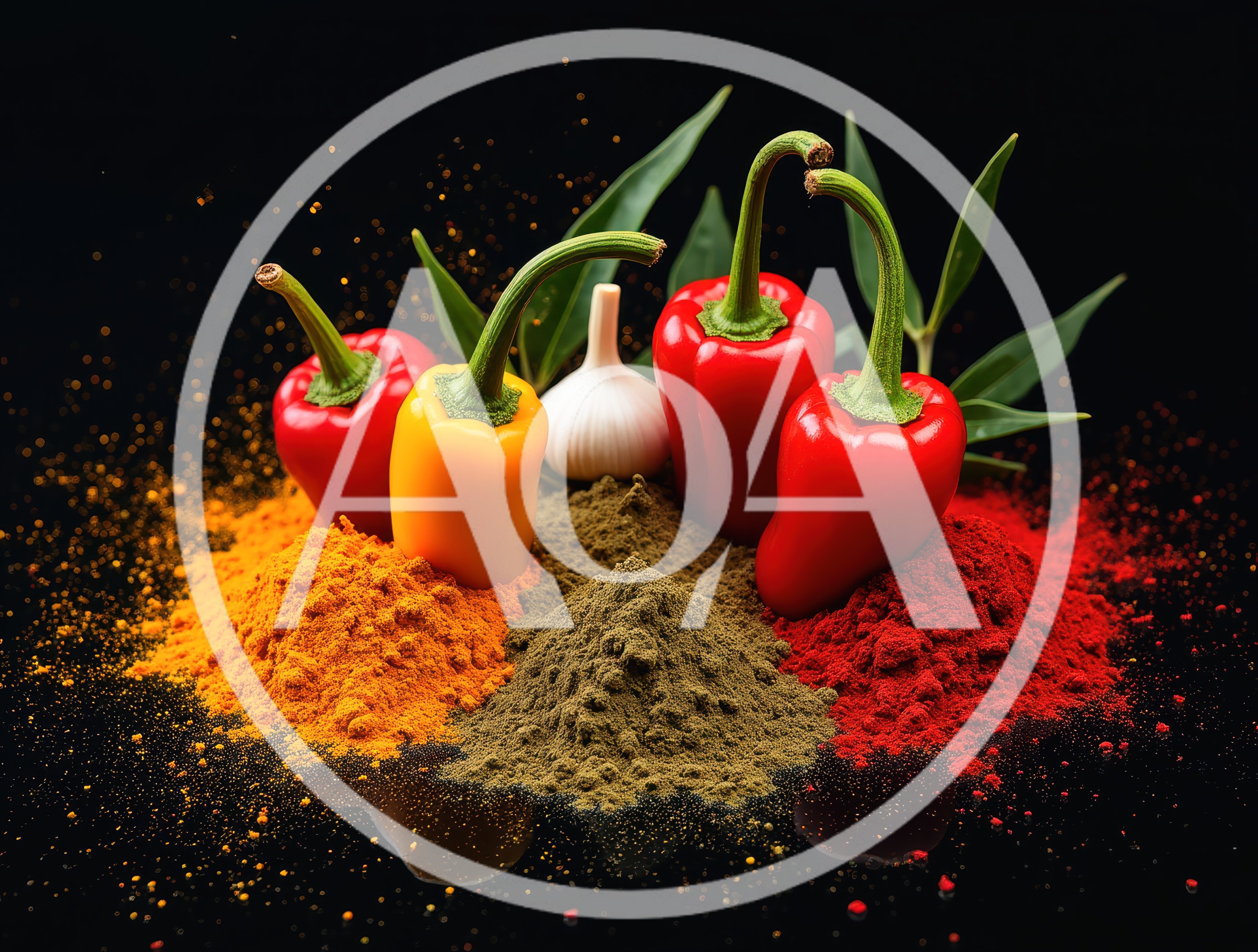 Fresh Peppers and Spices on Black Background