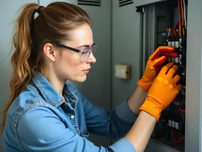 Female Electrician Working On Industrial Electrical Panel