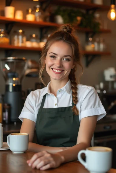 Smiling Female Barista Standing Behind Coffee Shop Counter