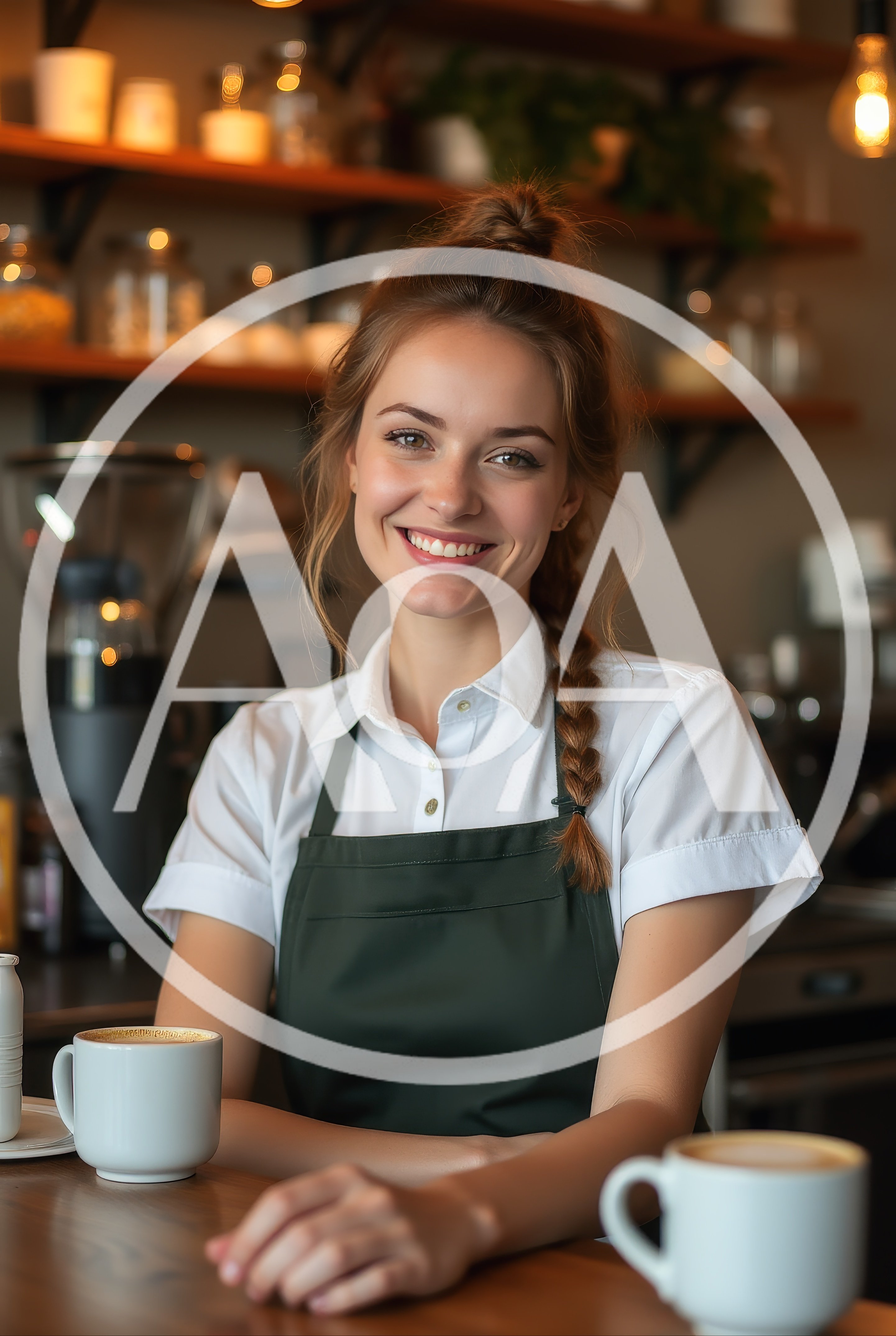 Smiling Female Barista Standing Behind Coffee Shop Counter