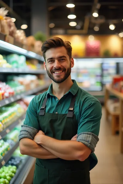 Smiling Grocery Store Clerk Standing In Produce Aisle