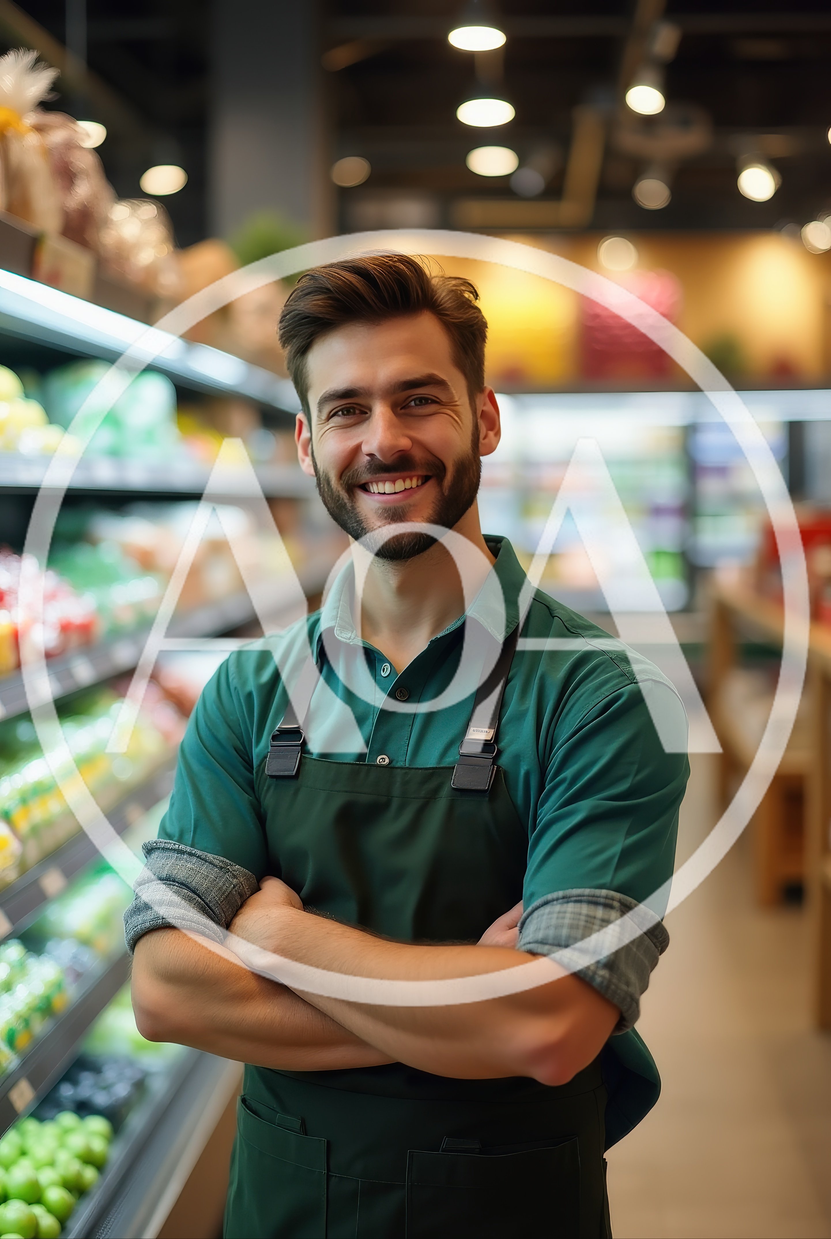 Smiling Grocery Store Clerk Standing In Produce Aisle