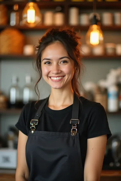 Smiling Female Barista Wearing A Black Apron
