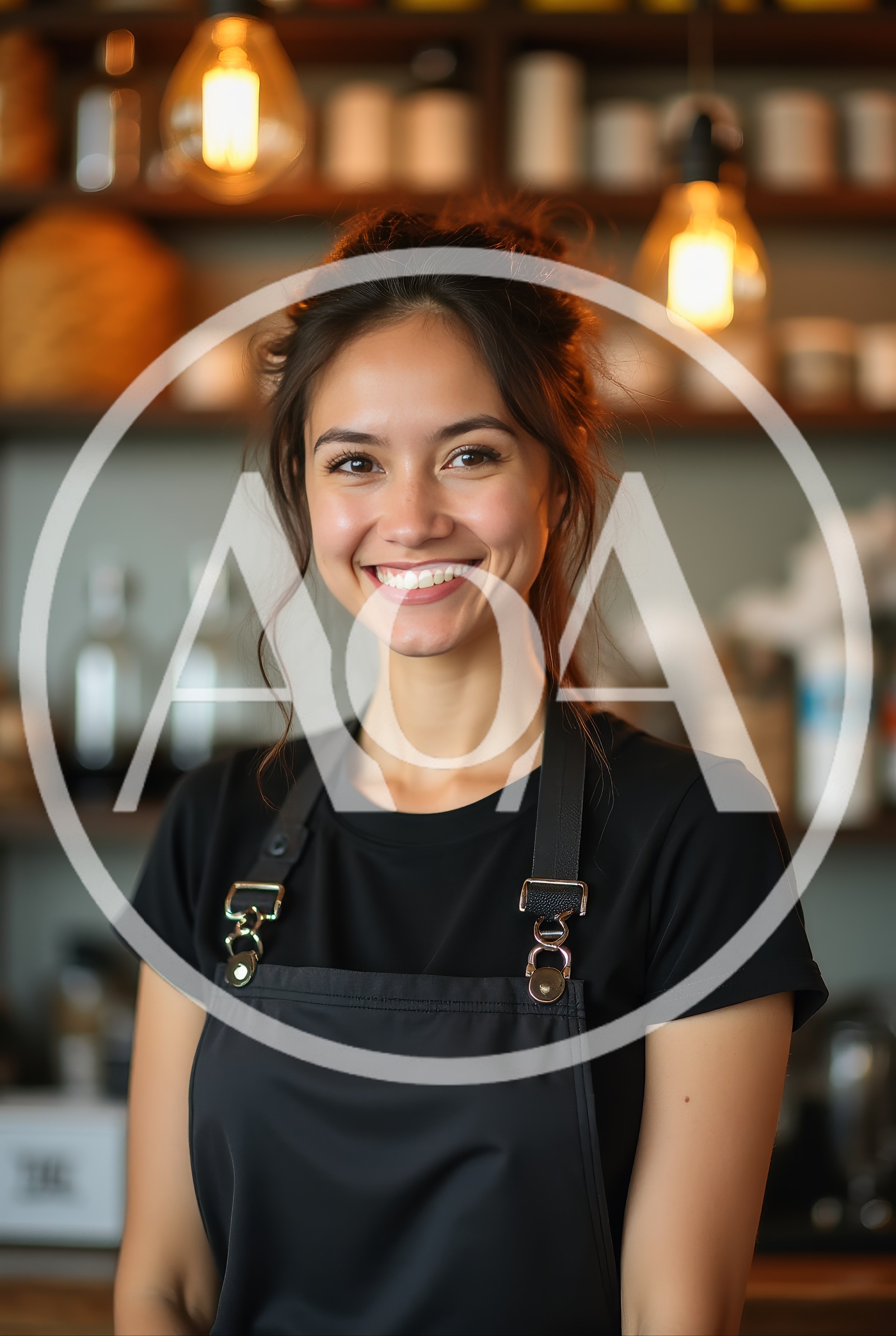 Smiling Female Barista Wearing A Black Apron