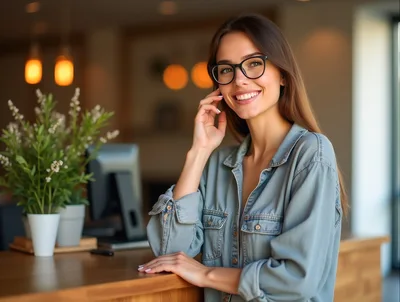 Smiling Woman Standing Behind A Cafe Counter
