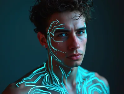 Portrait Of A Man With Glowing Cybernetic Circuitry