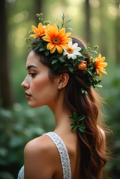 Young Woman Wearing Floral Crown In Forest