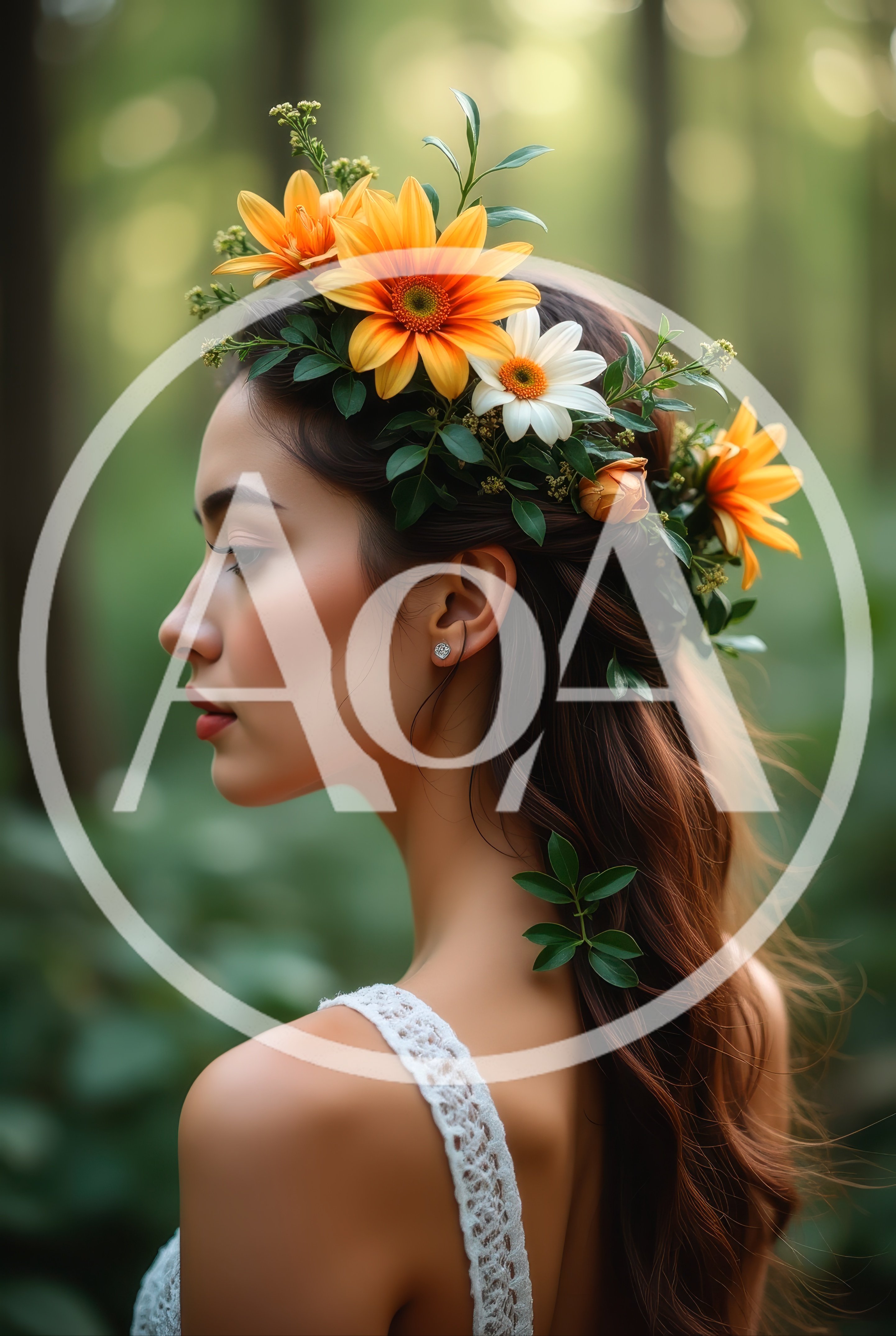 Young Woman Wearing Floral Crown In Forest