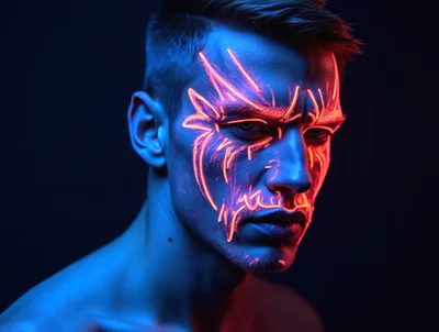 Portrait Of A Man With Glowing Neon Face Paint