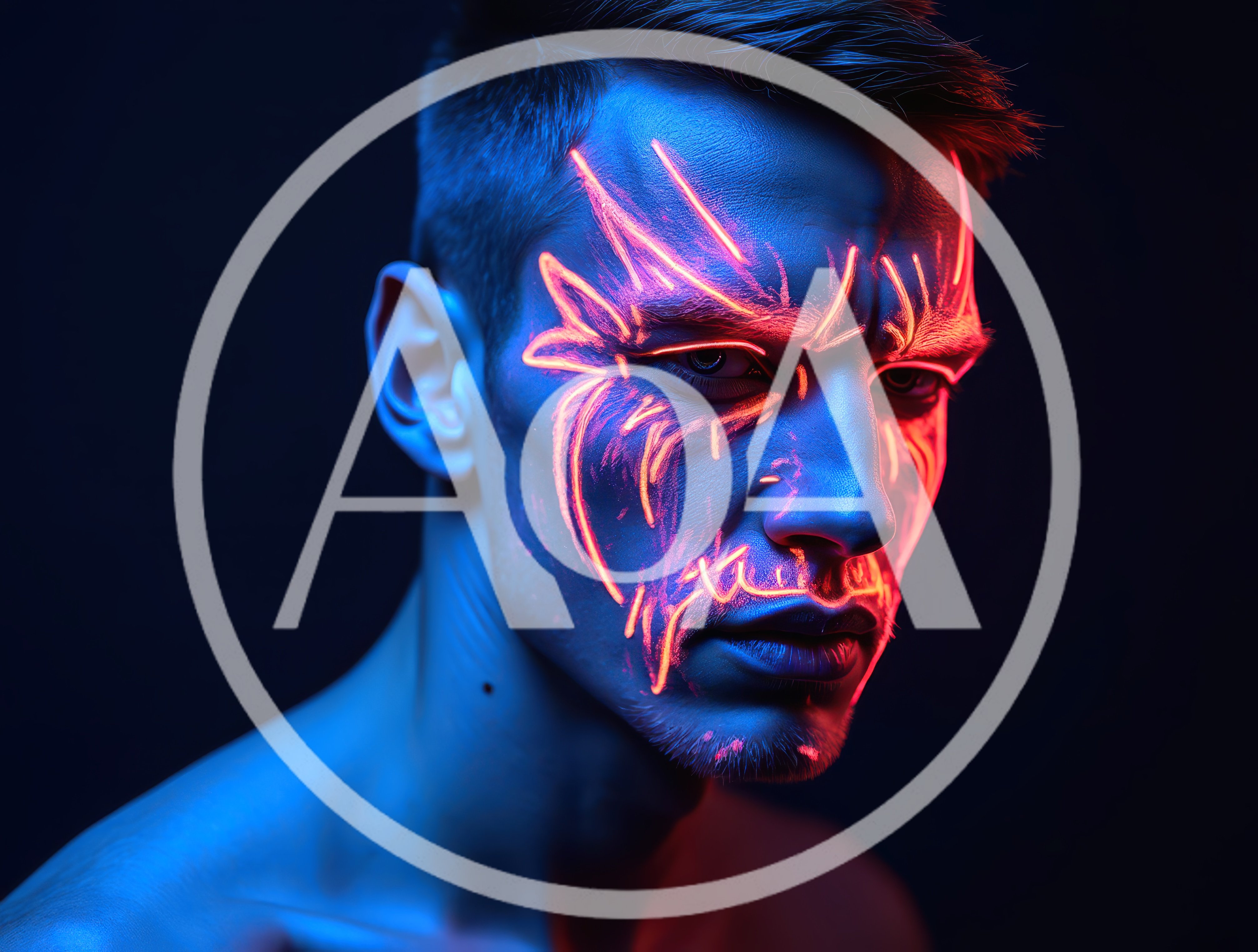 Portrait Of A Man With Glowing Neon Face Paint