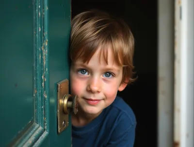 Young Boy Peeking Through A Partially Open Door