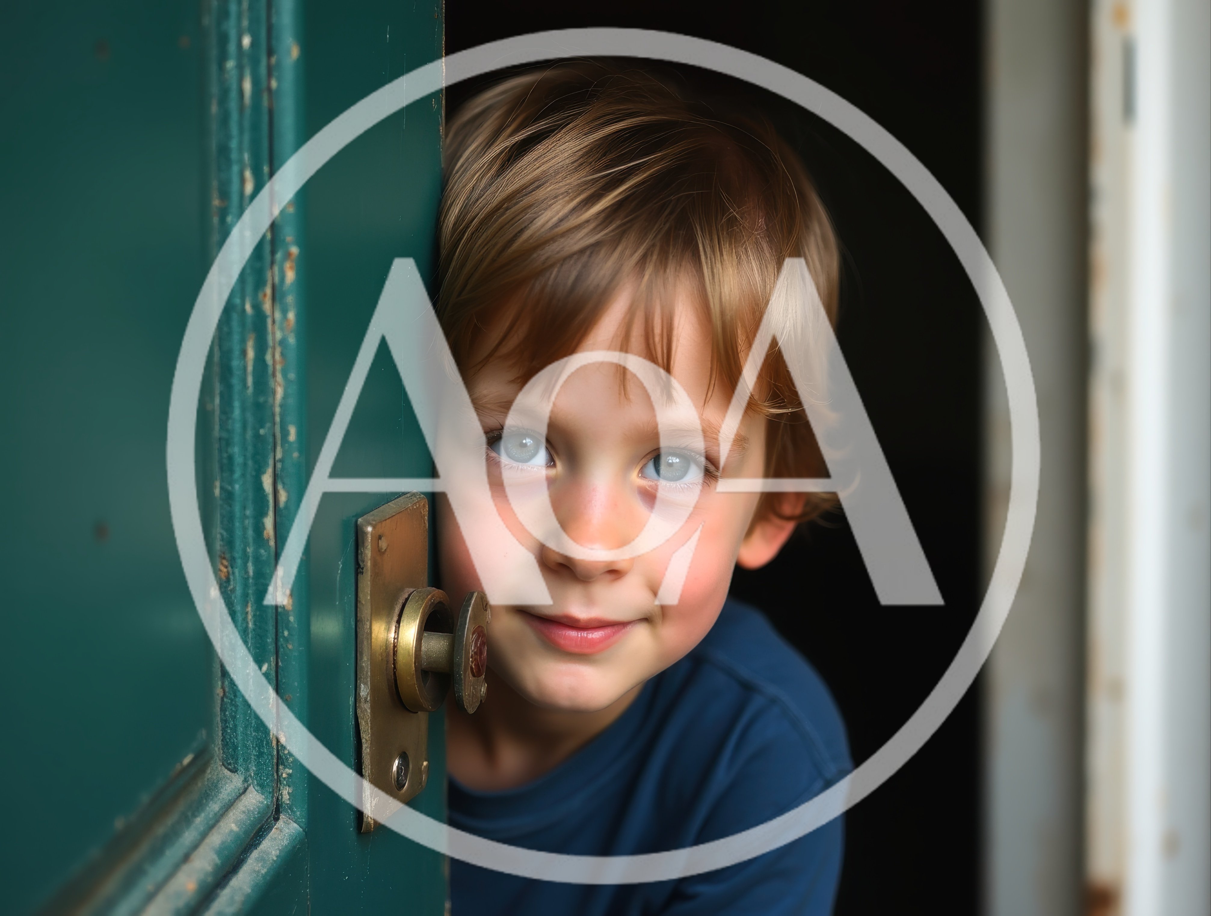 Young Boy Peeking Through A Partially Open Door