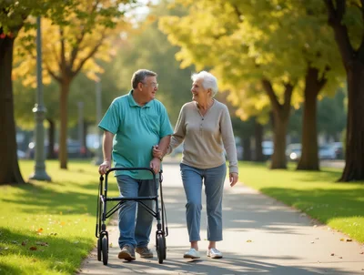 Senior Couple Walking Together With A Mobility Walker