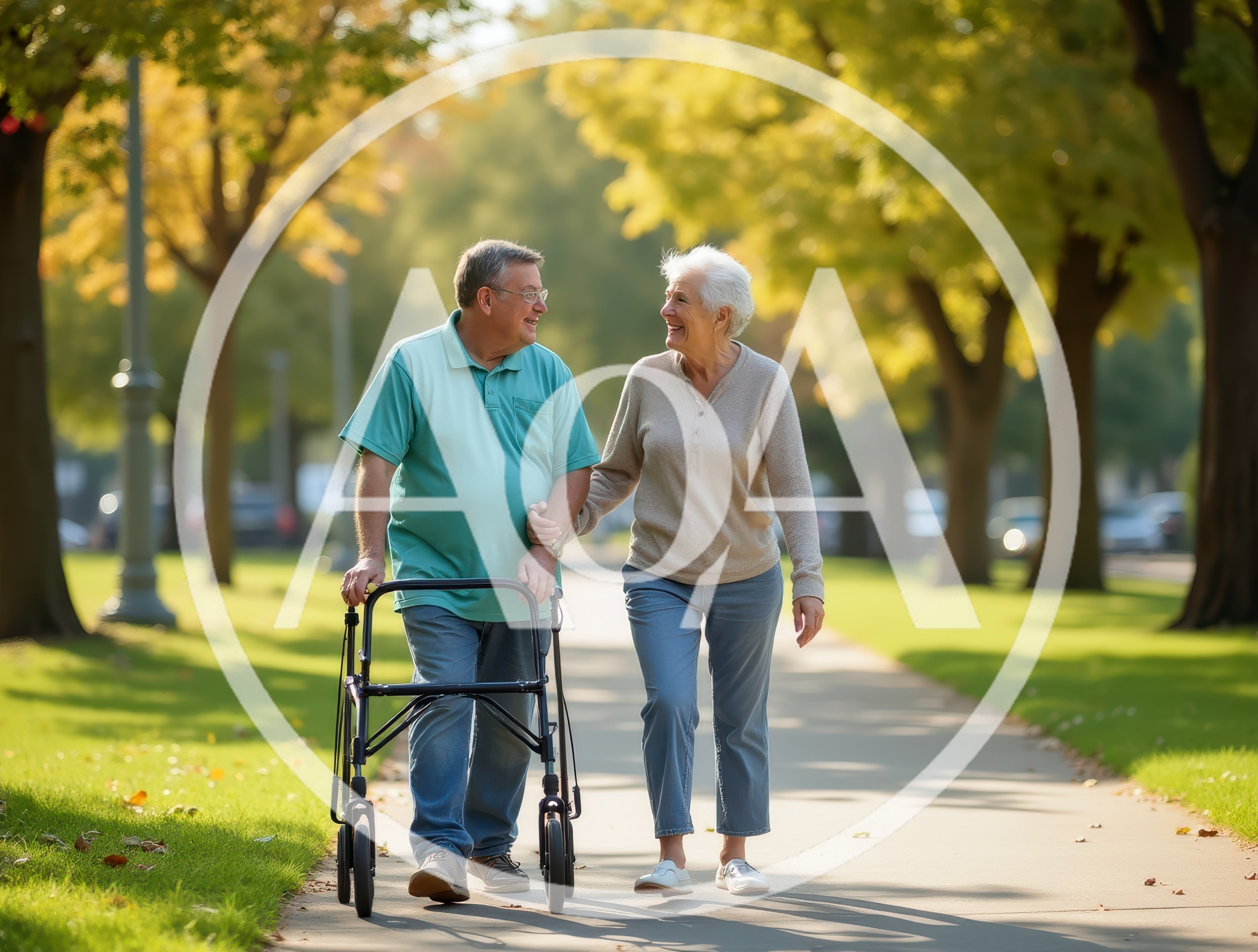 Senior Couple Walking Together With A Mobility Walker