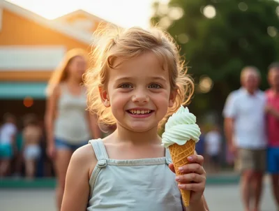Happy Little Girl Eating Ice Cream Outdoors