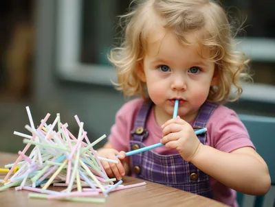 Toddler Girl Playing With Colorful Plastic Straws