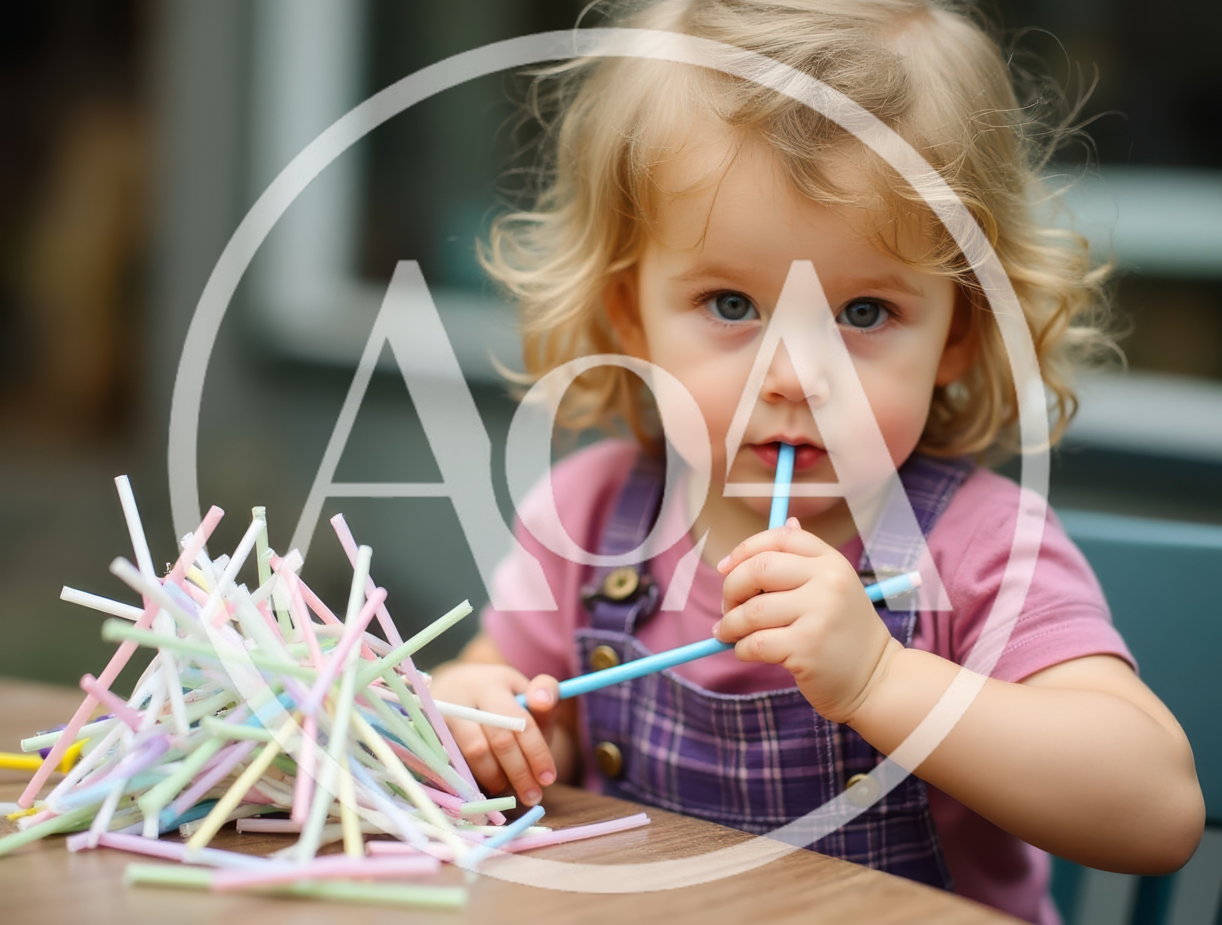 Toddler Girl Playing With Colorful Plastic Straws