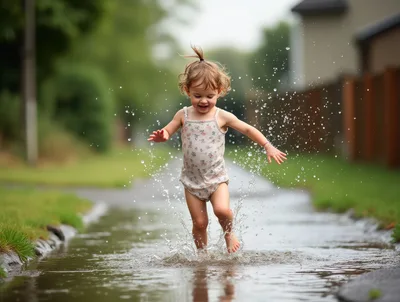 Toddler Girl Playing And Splashing In A Puddle