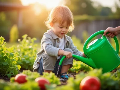 Toddler Watering Garden Plants With Adult Assistance