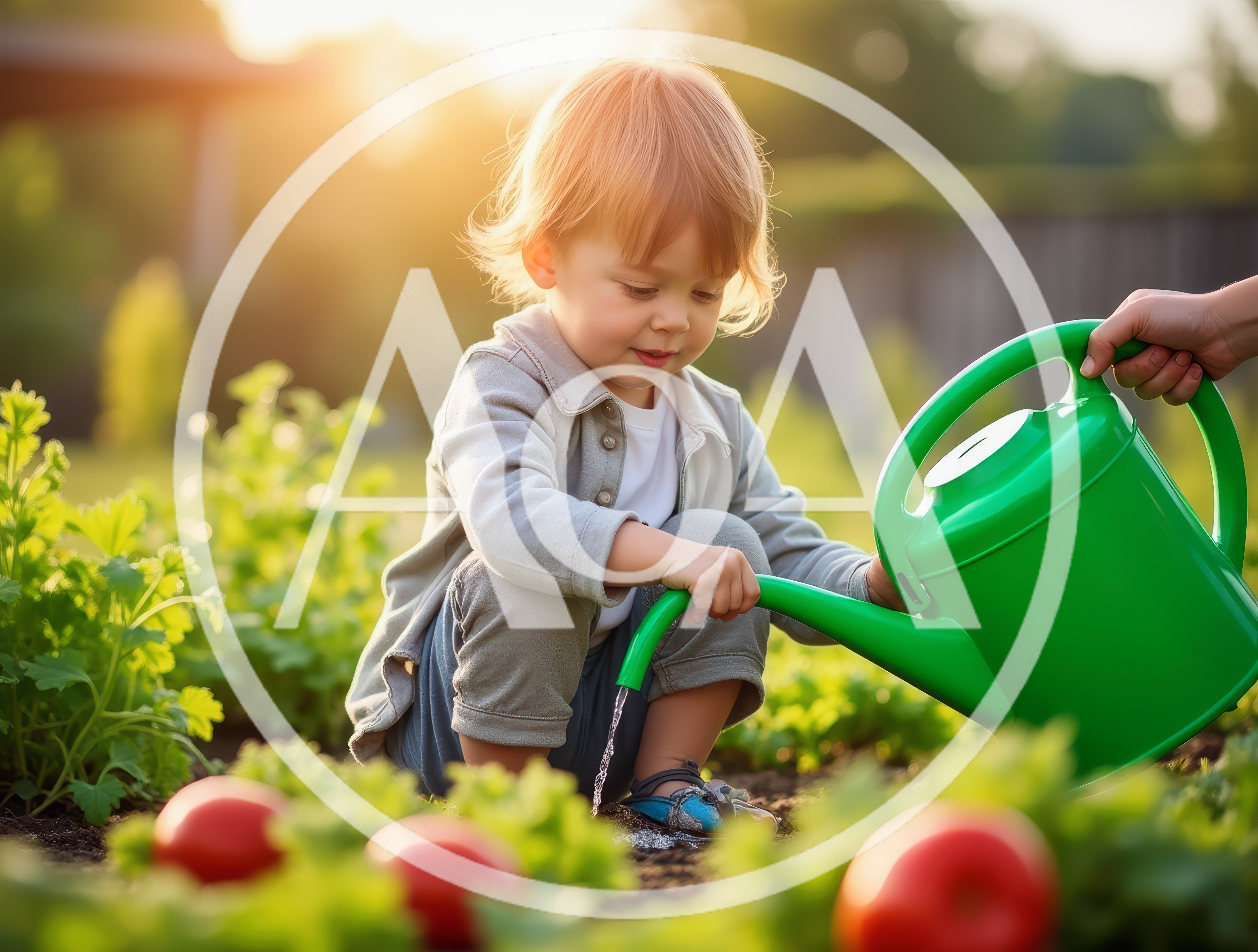 Toddler Watering Garden Plants With Adult Assistance