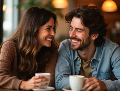 Happy Couple Laughing Together Over Coffee In Cafe