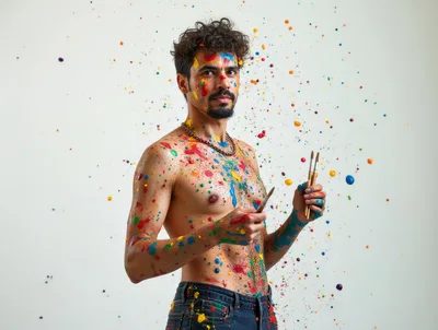 Shirtless Male Artist Covered In Colorful Paint Splatters