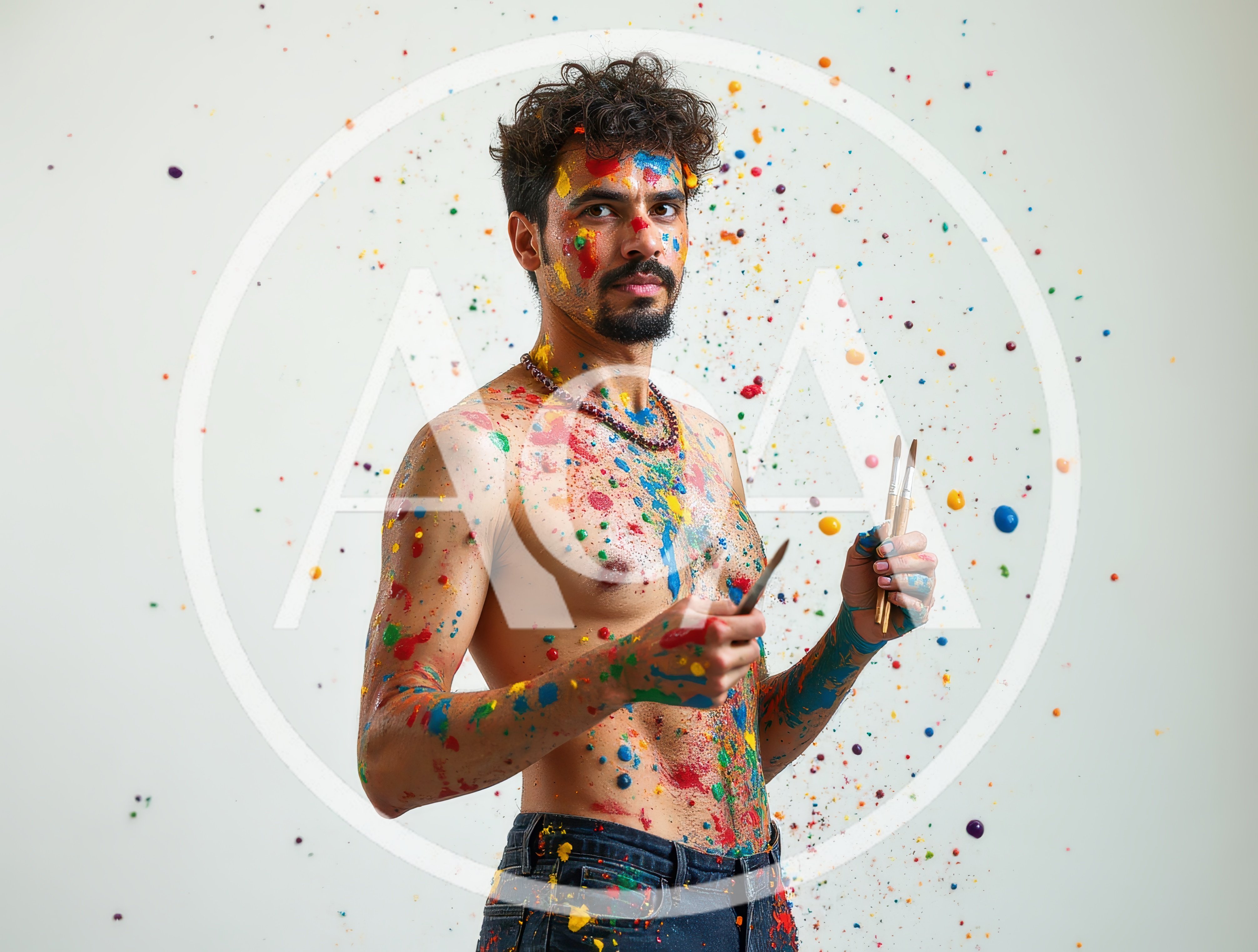 Shirtless Male Artist Covered In Colorful Paint Splatters