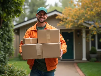 Delivery Driver Carrying Packages To A Suburban Home