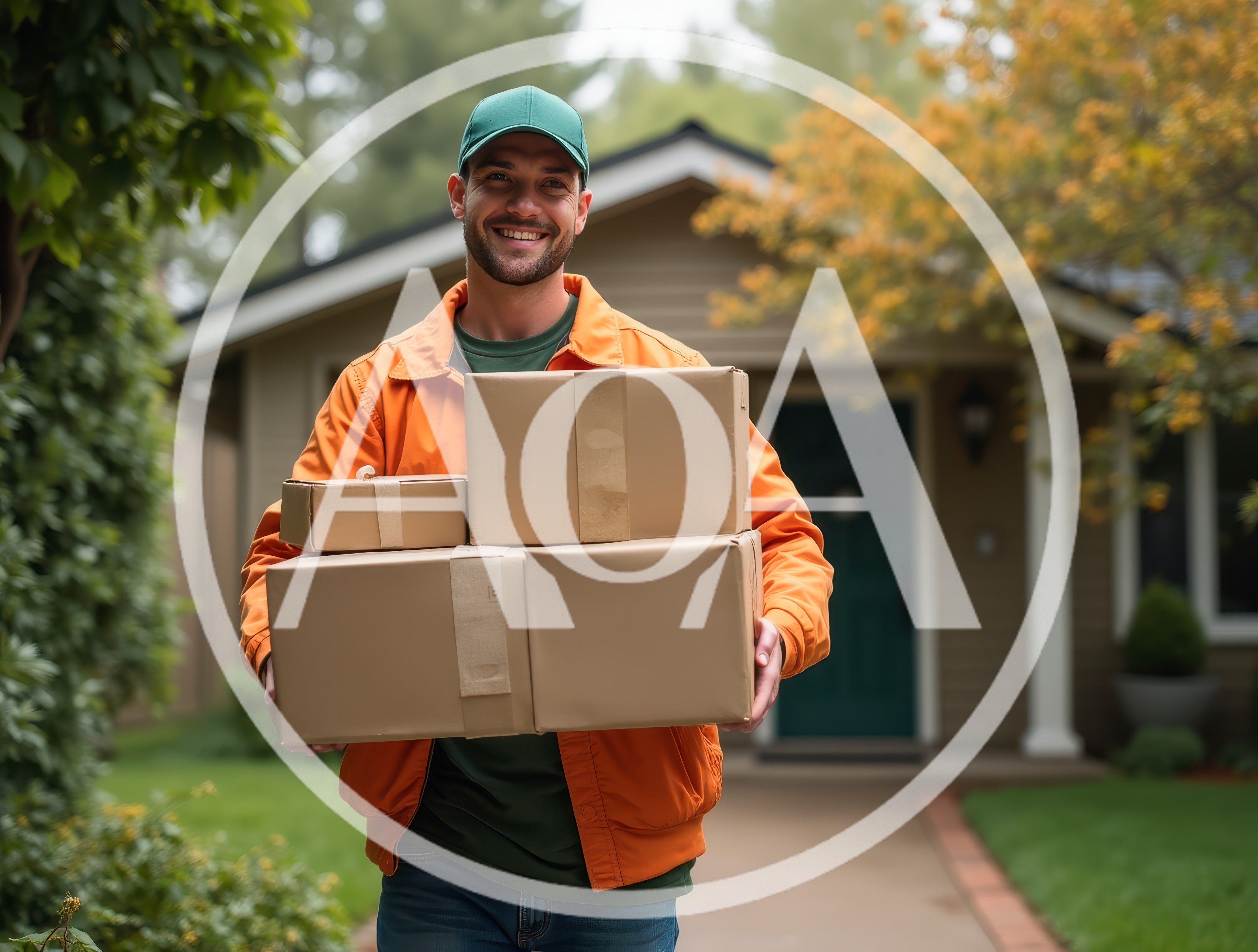 Delivery Driver Carrying Packages To A Suburban Home
