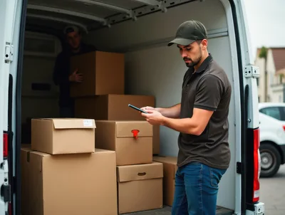 Delivery Driver Checking Digital Tablet Near Van