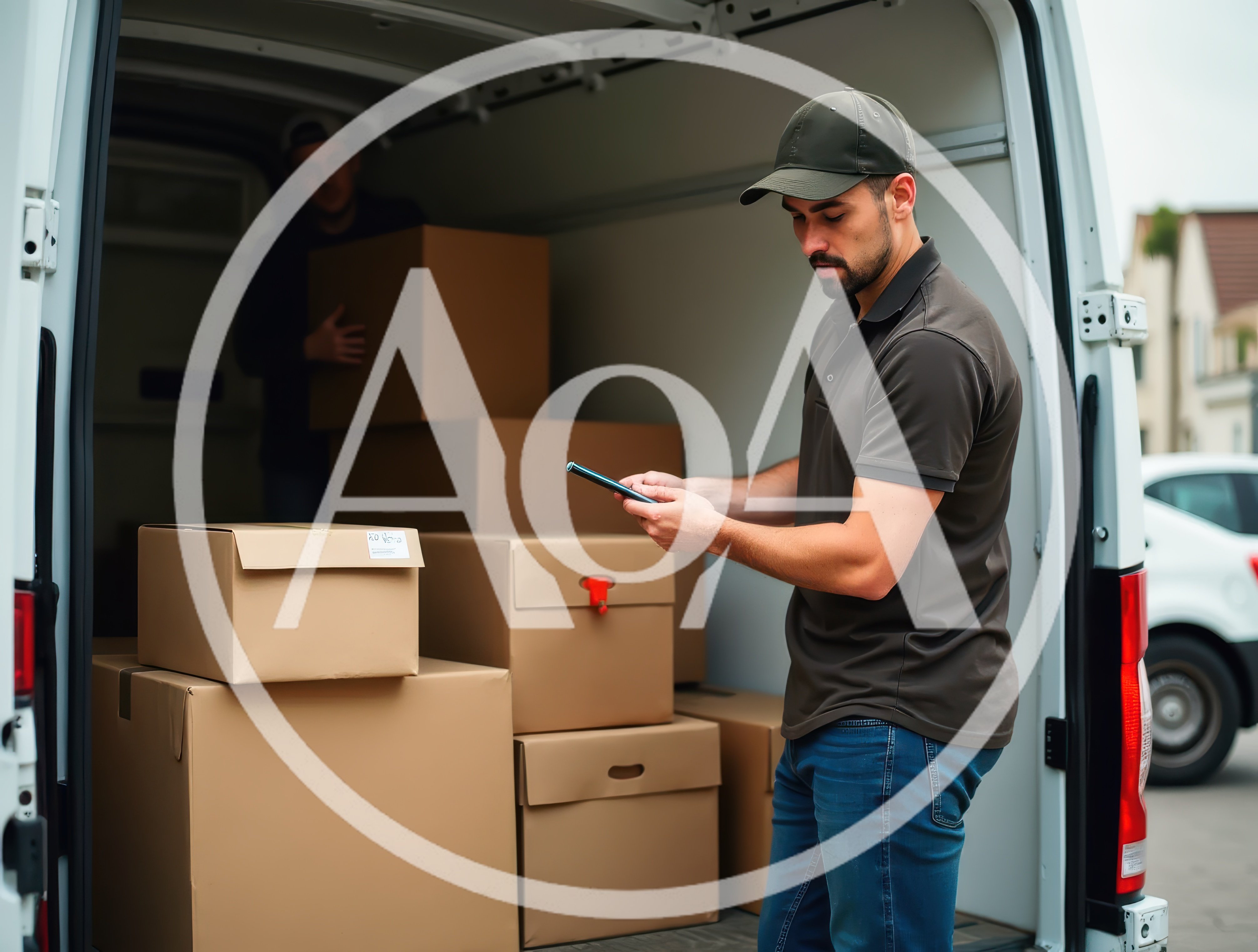 Delivery Driver Checking Digital Tablet Near Van