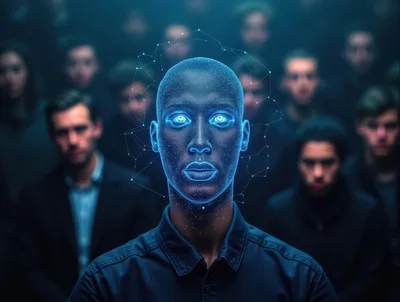 Digital AI Humanoid Face With Network Data Overlay
