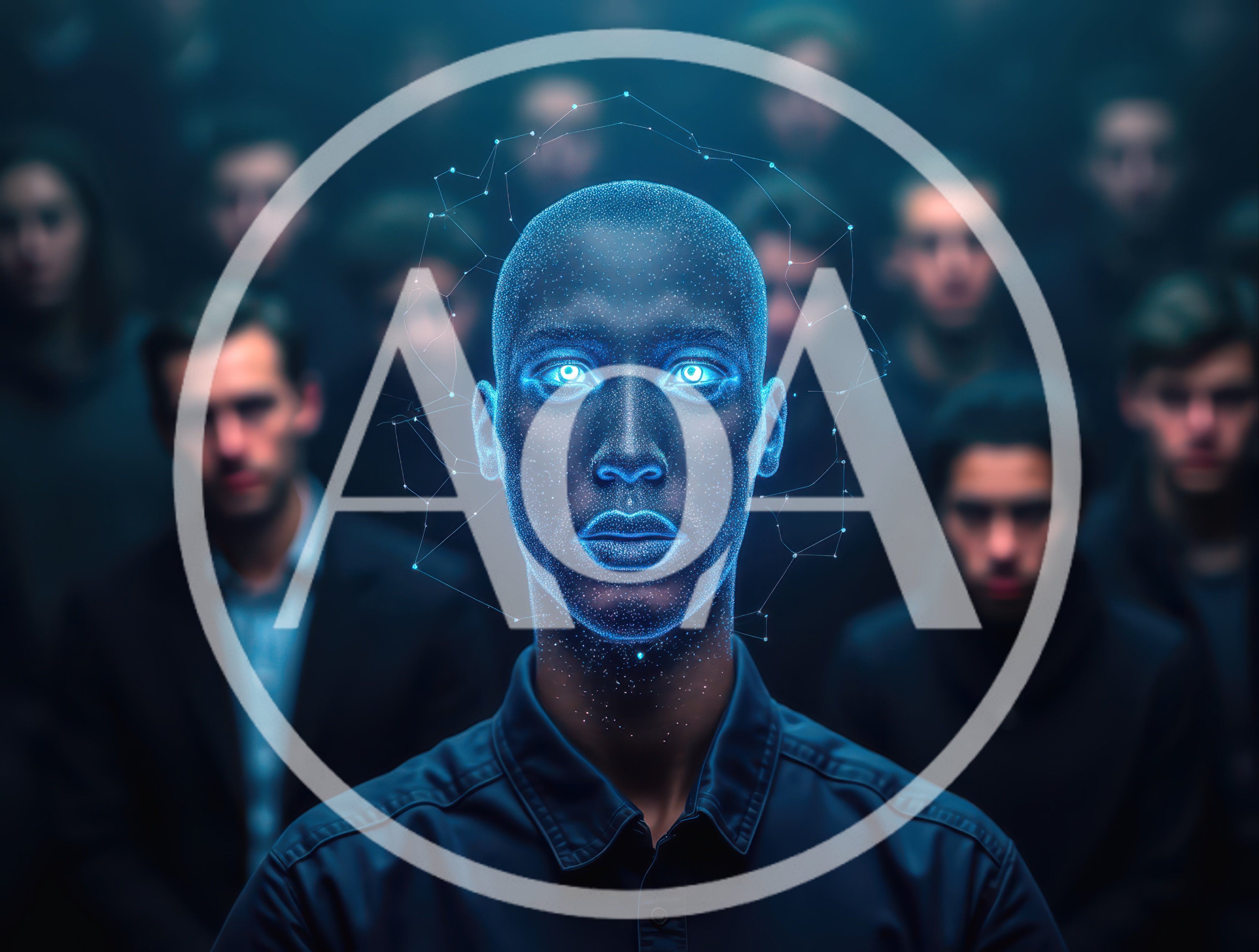 Digital AI Humanoid Face With Network Data Overlay