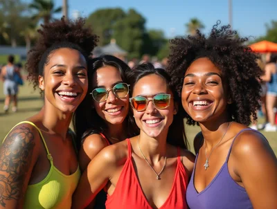 Four Diverse Women Smiling Together Outdoors