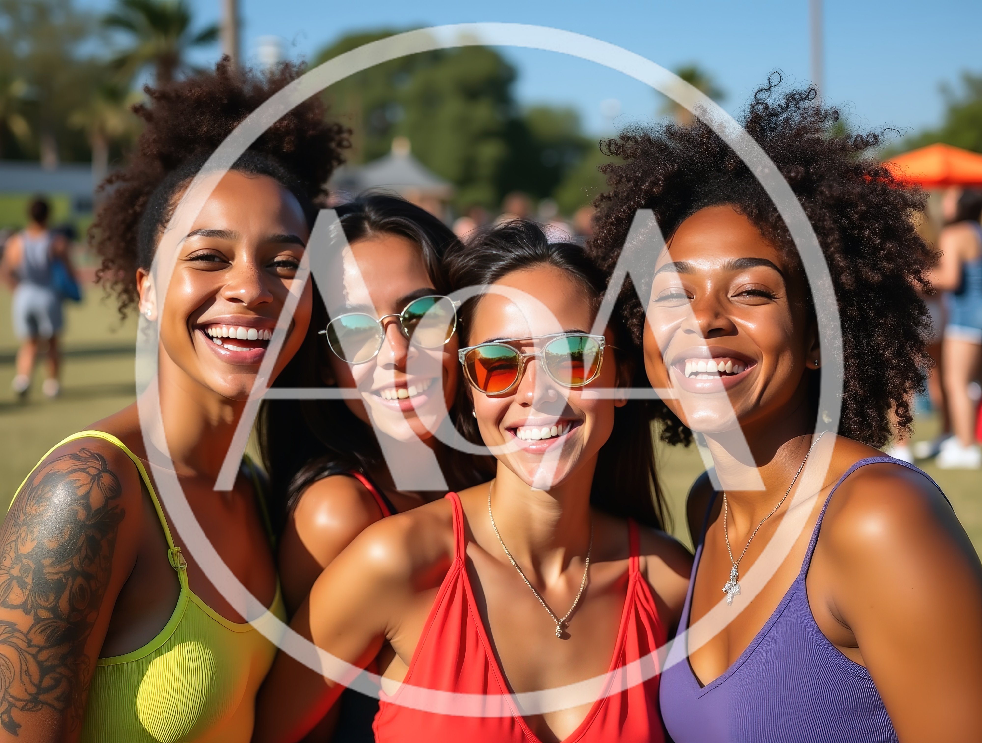 Four Diverse Women Smiling Together Outdoors