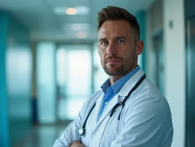 Professional Male Doctor Standing In Hospital Corridor