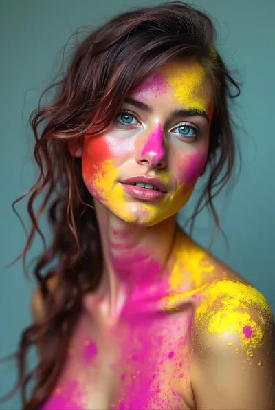 Portrait Of A Woman Covered In Vibrant Holi Powder