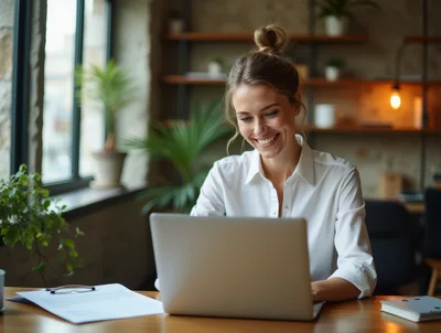 Smiling Woman Working On Laptop In Modern Office