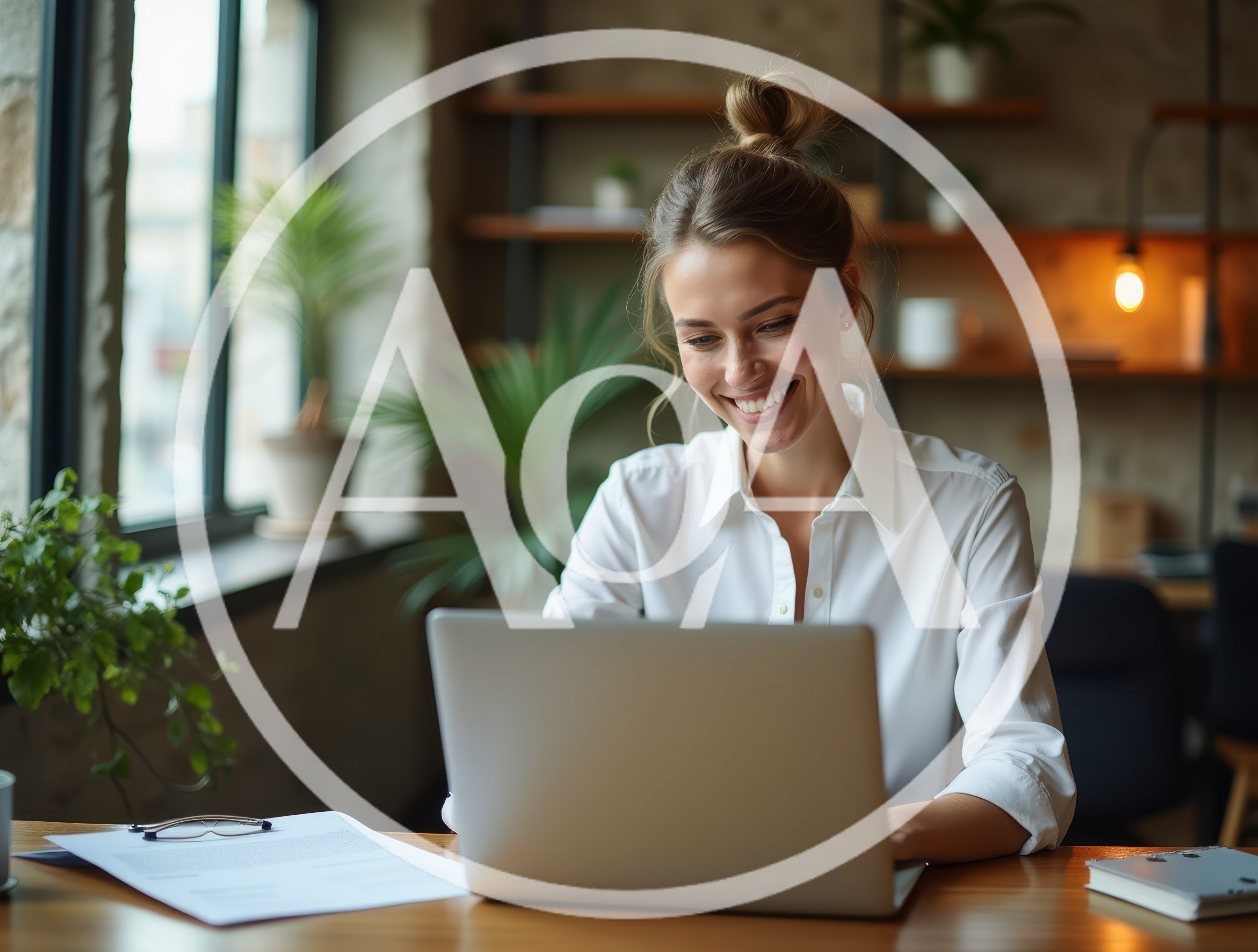 Smiling Woman Working On Laptop In Modern Office